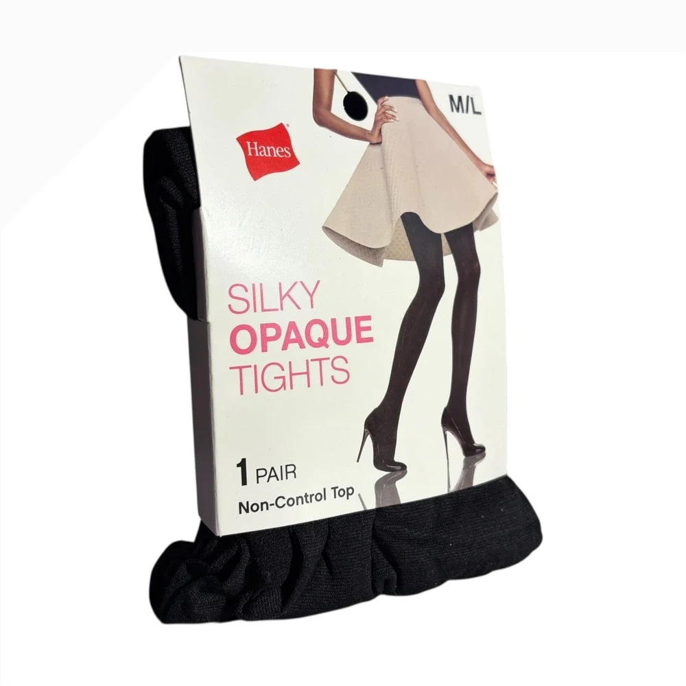 NEW Hanes Silky Opaque Tights‎ Black M L Non Control Top 1 Pair Women's Hosiery
